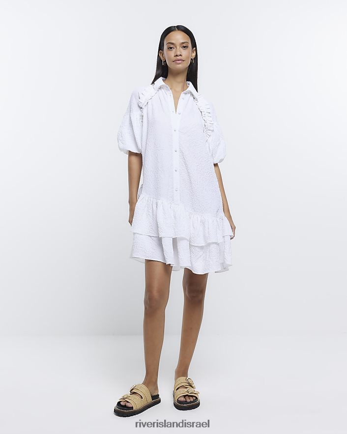 לבוש River Island שמלת מיני חולצה עם סלסולים לבן נשים BDZ408317