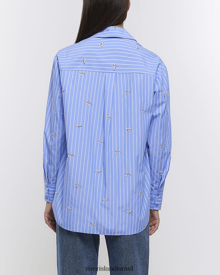 לבוש River Island חולצה רקומה בפס כְּחוֹל נשים BDZ408318