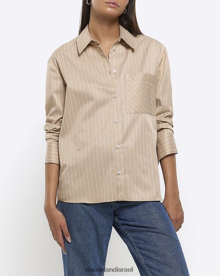 לבוש River Island חולצת פס פופלין בז' נשים BDZ408319