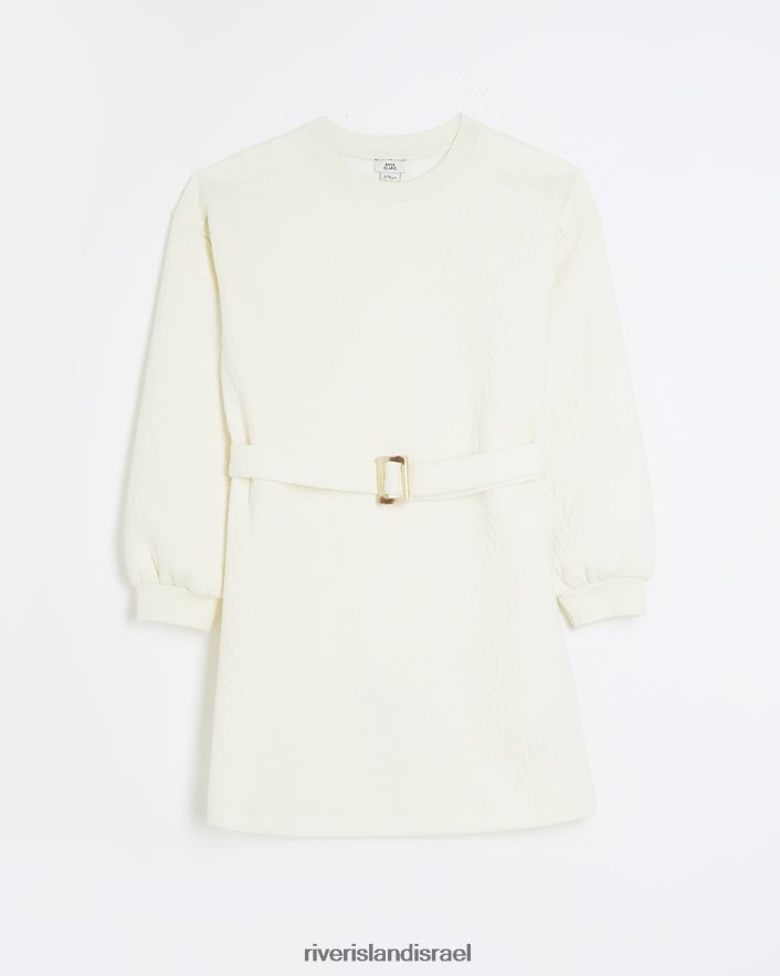 לבוש River Island שמלת סווטשירט עם חגורת ג'קארד קרם בנות BDZ4083194