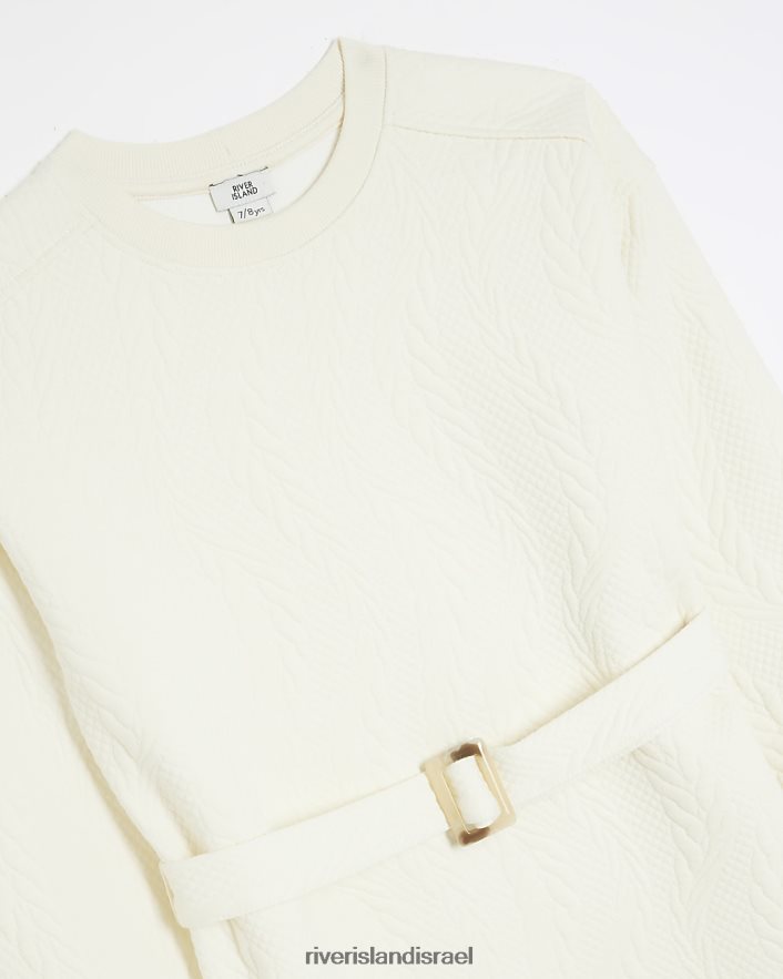 לבוש River Island שמלת סווטשירט עם חגורת ג'קארד קרם בנות BDZ4083194