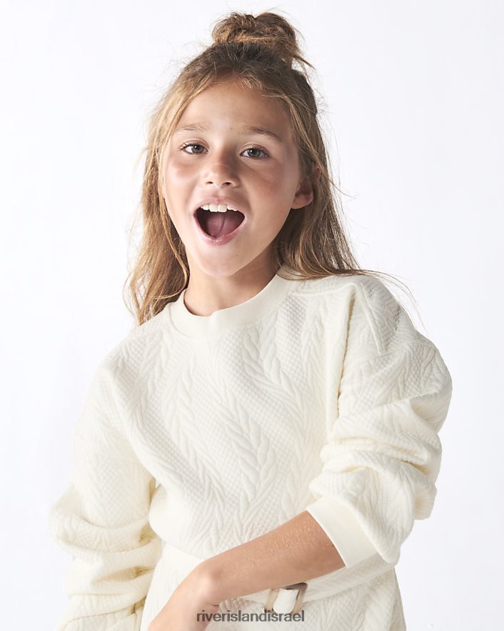 לבוש River Island שמלת סווטשירט עם חגורת ג'קארד קרם בנות BDZ4083194