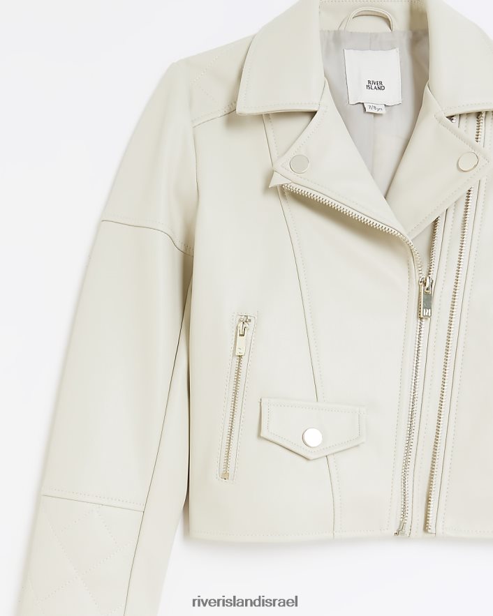 לבוש River Island מעיל אופנוענים מעור מלאכותי קרם בנות BDZ4083208