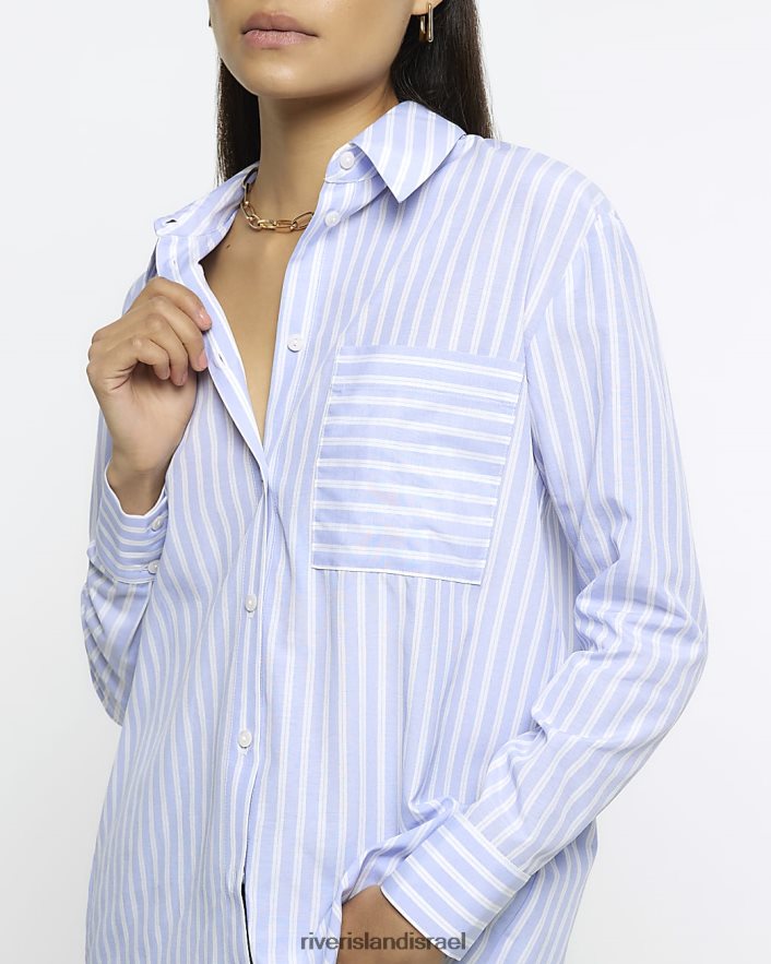 לבוש River Island חולצת פס פופלין כְּחוֹל נשים BDZ408322