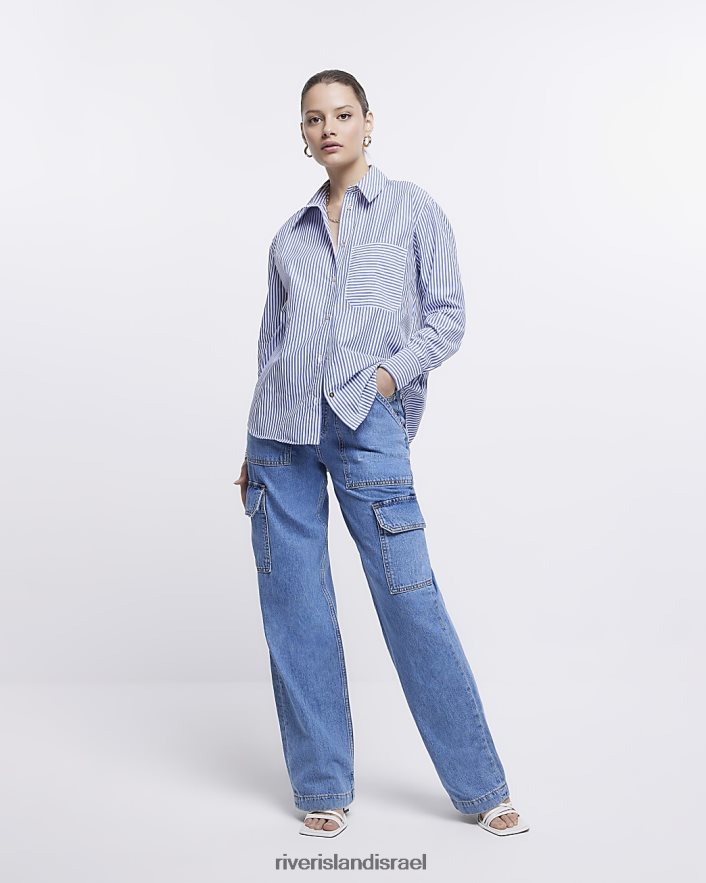 לבוש River Island חולצת אוברסייז עם שרוולים ארוכים בפס כְּחוֹל נשים BDZ408324