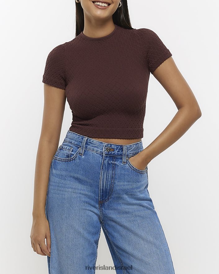 לבוש River Island חולצת טריקו בעלת מרקם ללא תפרים חום נשים BDZ408331