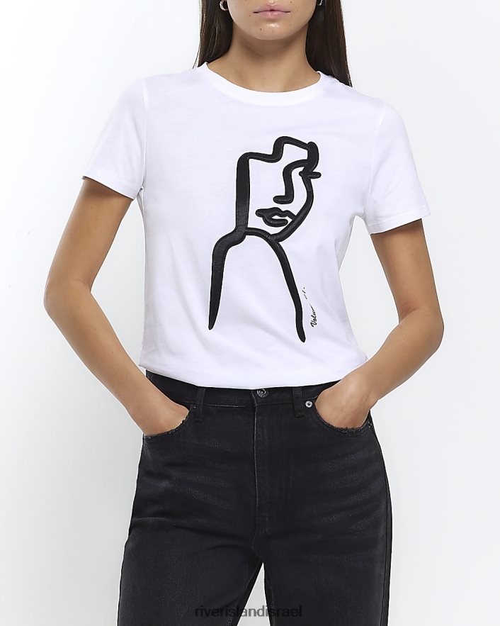 לבוש River Island חולצת טריקו בהדפס סאטן לבן נשים BDZ408352