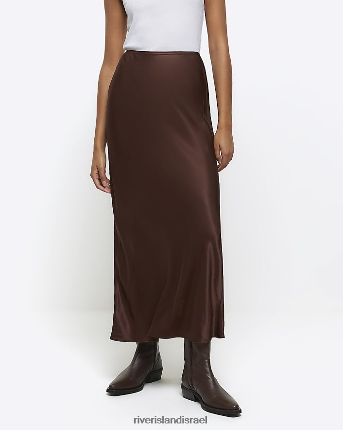 לבוש River Island חצאית מקסי סאטן חום נשים BDZ40835