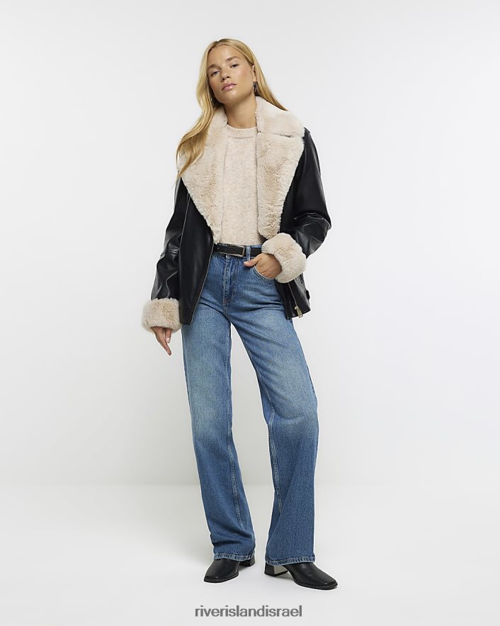 לבוש River Island מעיל אופנוענים בגזרת פרווה מלאכותית שָׁחוֹר נשים BDZ4083723