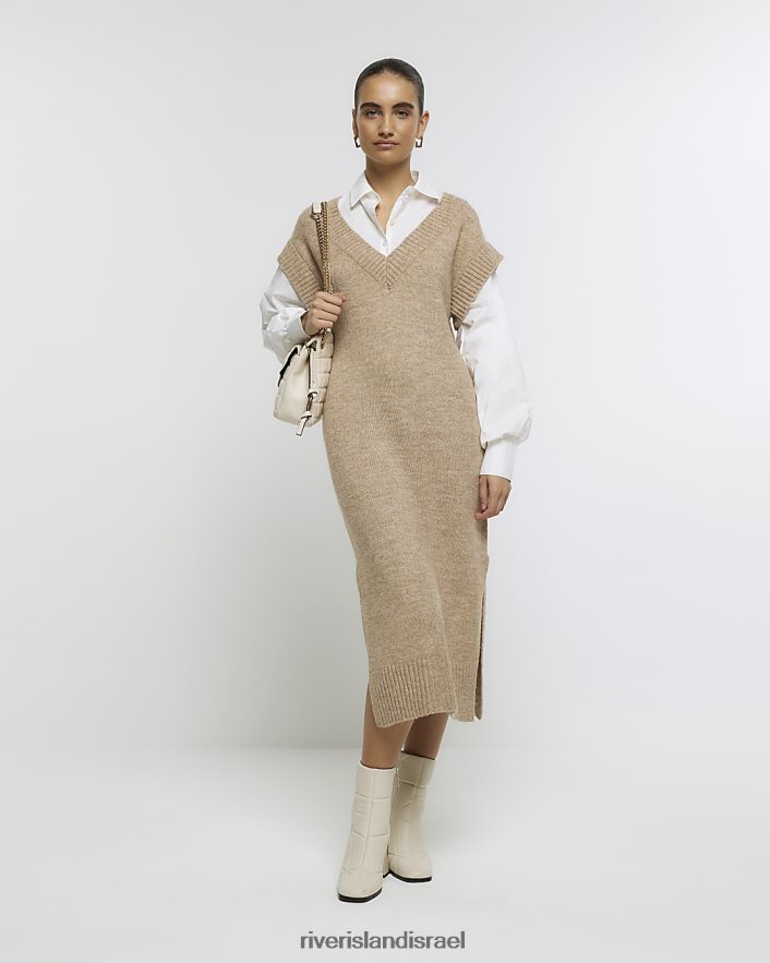 לבוש River Island שמלת מידי מגשר היברידי סרוג בז' נשים BDZ4083727