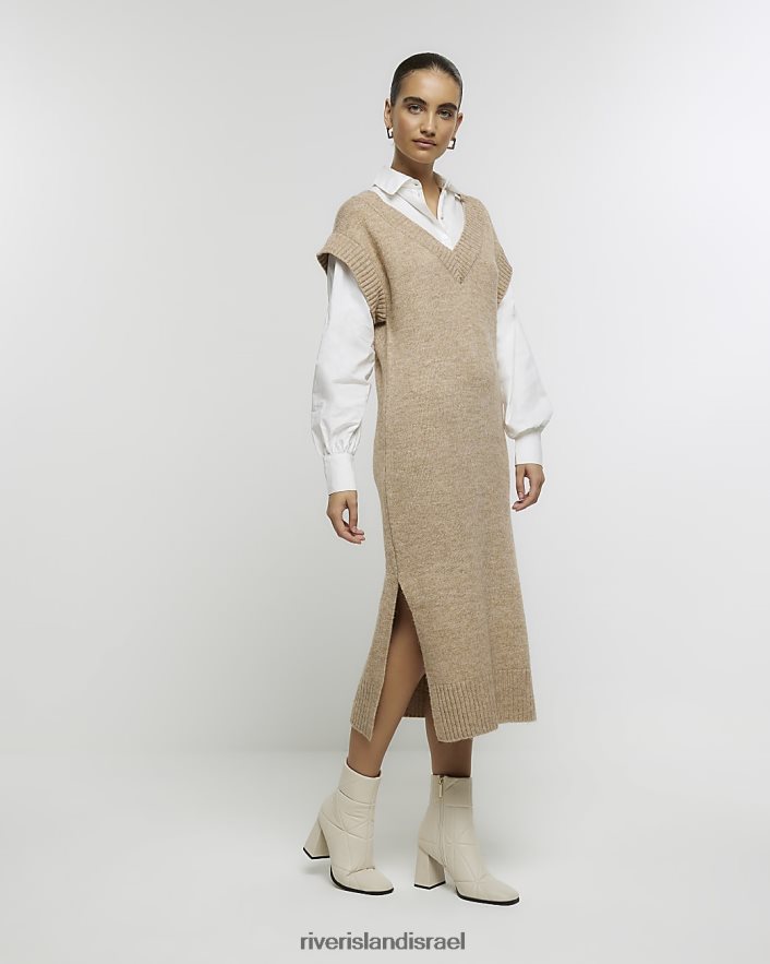 לבוש River Island שמלת מידי מגשר היברידי סרוג בז' נשים BDZ4083727