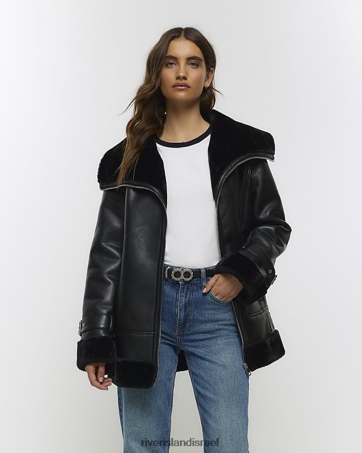 לבוש River Island מעיל טייסים דמוי עור שָׁחוֹר נשים BDZ4083728