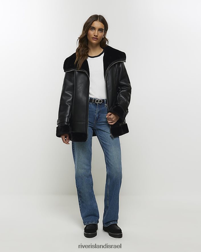 לבוש River Island מעיל טייסים דמוי עור שָׁחוֹר נשים BDZ4083728
