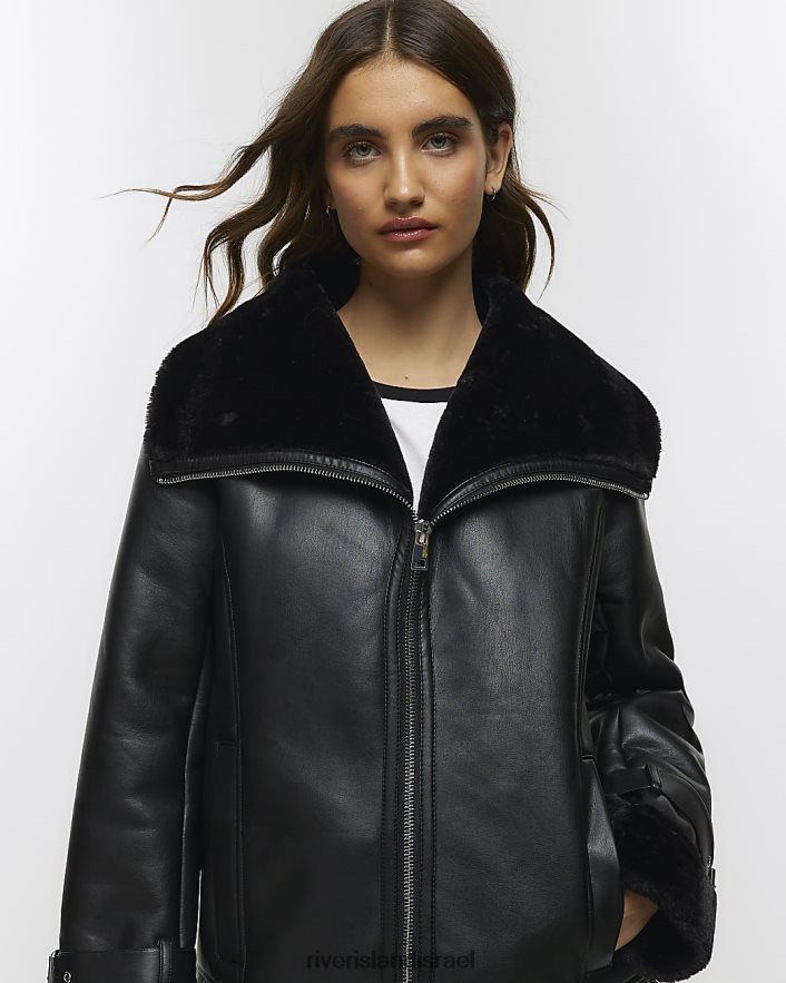 לבוש River Island מעיל טייסים דמוי עור שָׁחוֹר נשים BDZ4083728