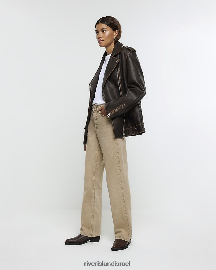 לבוש River Island ג'ינס ישר רגוע בגזרה גבוהה חום נשים BDZ4083733
