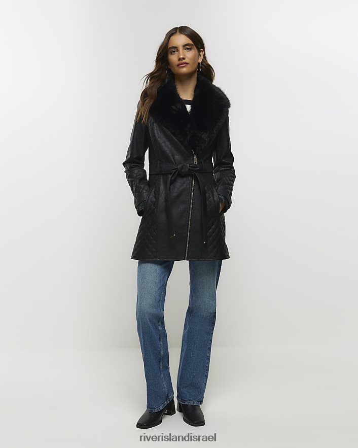 לבוש River Island ז'קט חגורה מעור מלאכותי שָׁחוֹר נשים BDZ4083736