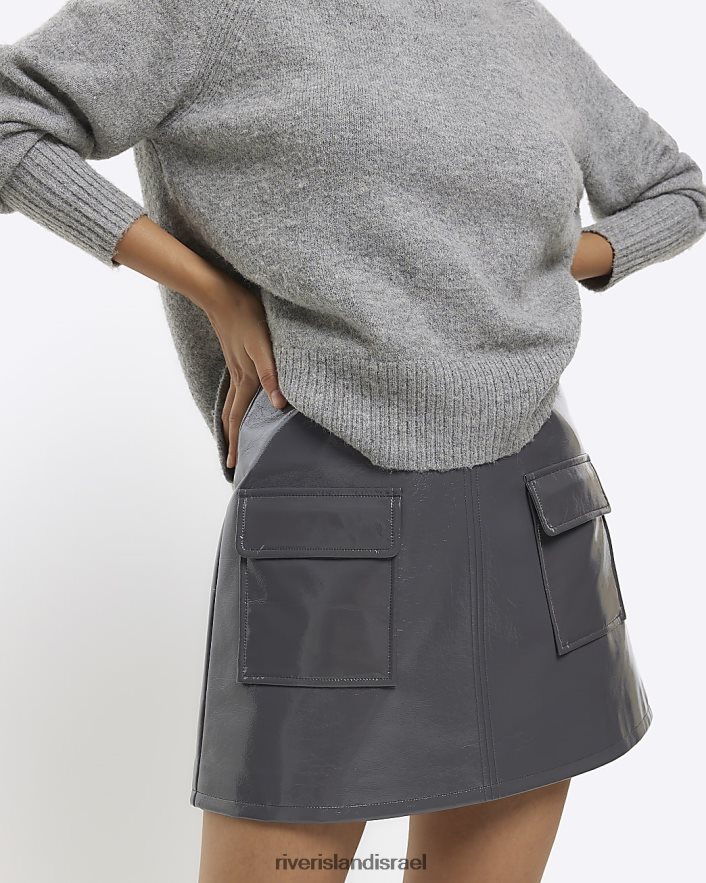 לבוש River Island חצאית מיני של כלי פטנט אפור נשים BDZ4083752