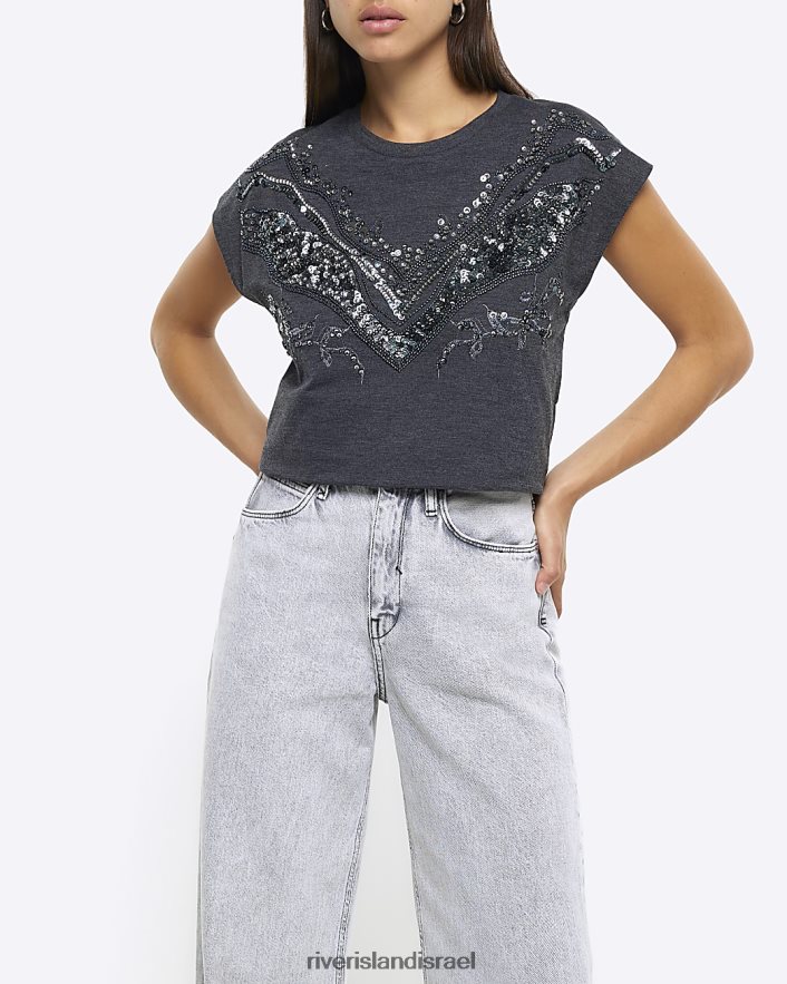 לבוש River Island חולצת טריקו עם פייטים אפור נשים BDZ4083755
