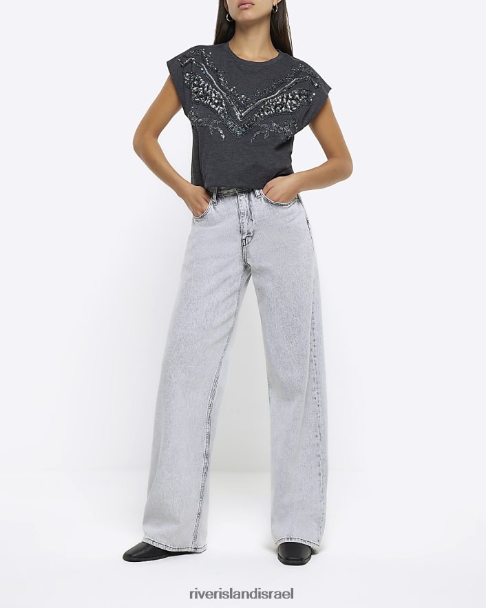 לבוש River Island חולצת טריקו עם פייטים אפור נשים BDZ4083755