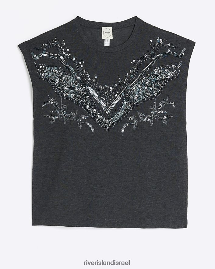 לבוש River Island חולצת טריקו עם פייטים אפור נשים BDZ4083755