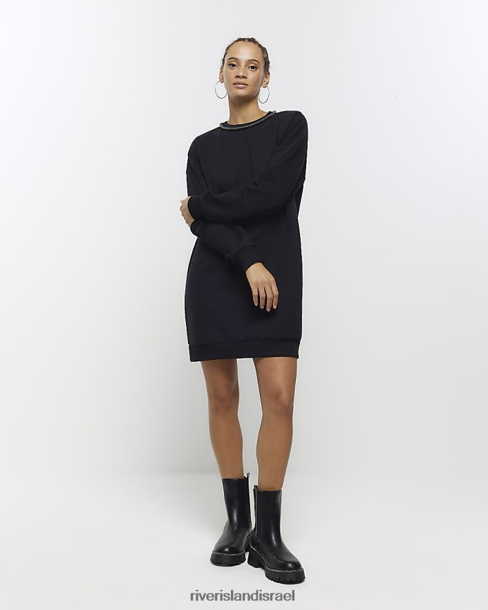 לבוש River Island שמלת מיני סווטשירט עם עיטור יהלומים שָׁחוֹר נשים BDZ408375