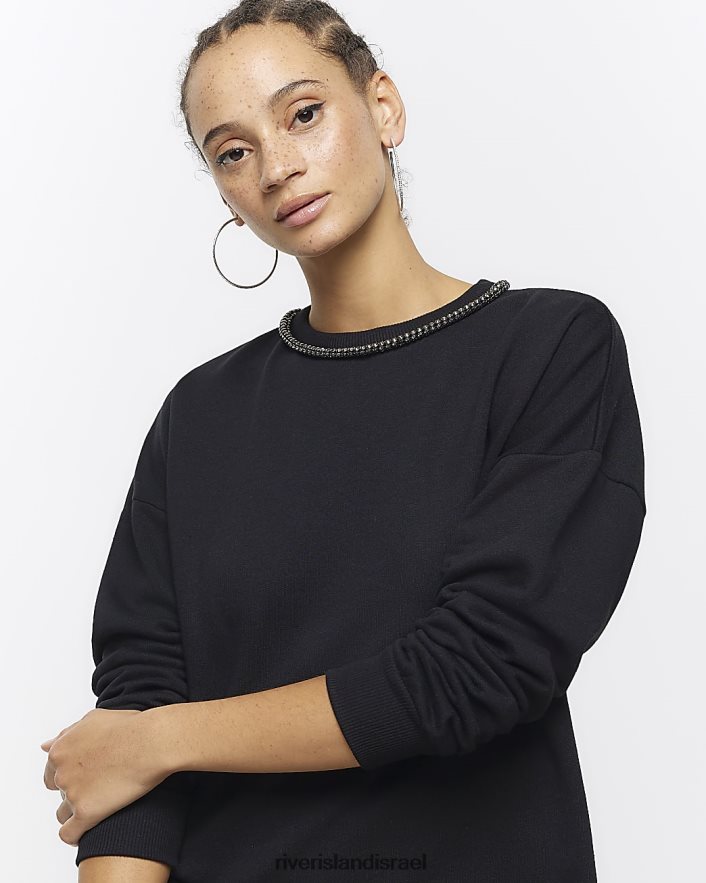 לבוש River Island שמלת מיני סווטשירט עם עיטור יהלומים שָׁחוֹר נשים BDZ408375
