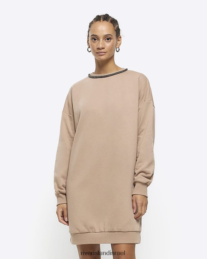 לבוש River Island שמלת מיני סווטשירט עם עיטור יהלומים חום נשים BDZ408376