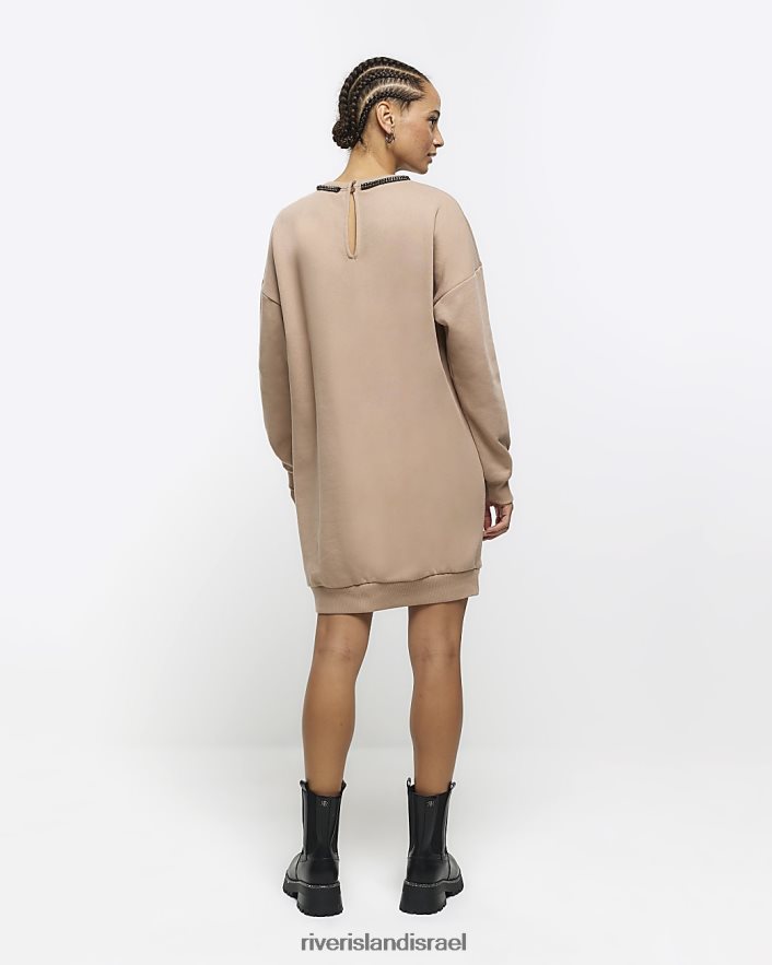 לבוש River Island שמלת מיני סווטשירט עם עיטור יהלומים חום נשים BDZ408376