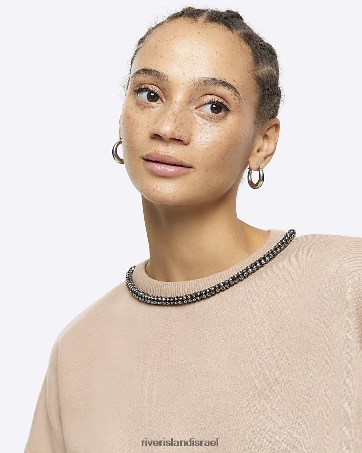 לבוש River Island שמלת מיני סווטשירט עם עיטור יהלומים חום נשים BDZ408376
