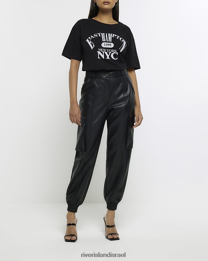 לבוש River Island מכנסי מטען מעור מלאכותי שָׁחוֹר נשים BDZ4083774