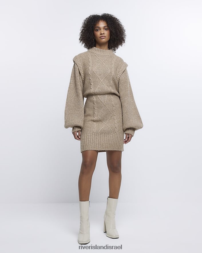 לבוש River Island שמלת מיני מגשר כרית כתפיים סרוגה בז' נשים BDZ4083788