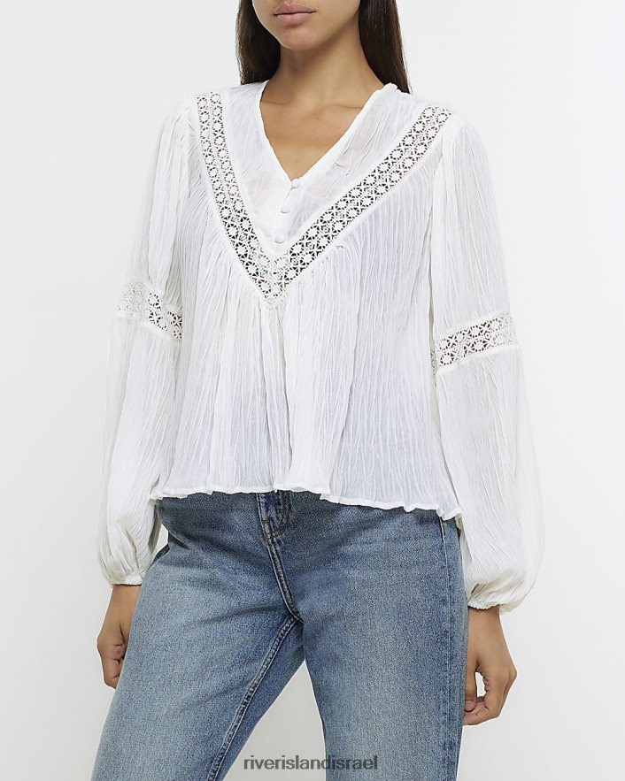 לבוש River Island חולצת תחרה שיפון לבן נשים BDZ4083797