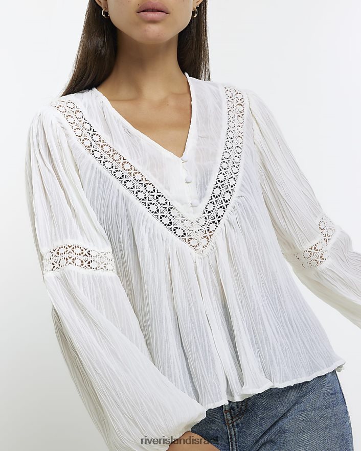 לבוש River Island חולצת תחרה שיפון לבן נשים BDZ4083797