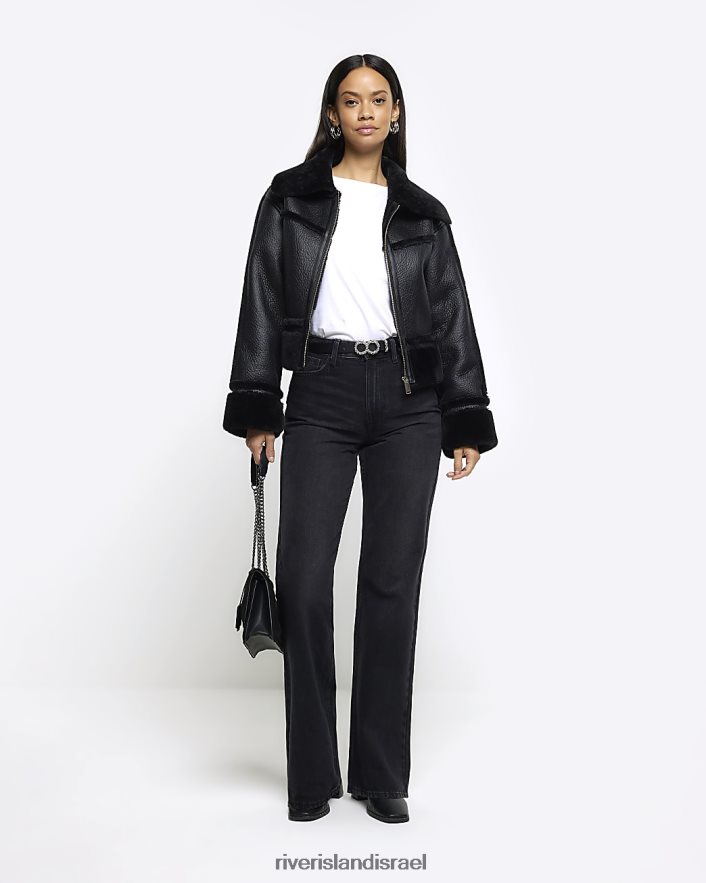 לבוש River Island מעיל טייסים דמוי עור שָׁחוֹר נשים BDZ4083808