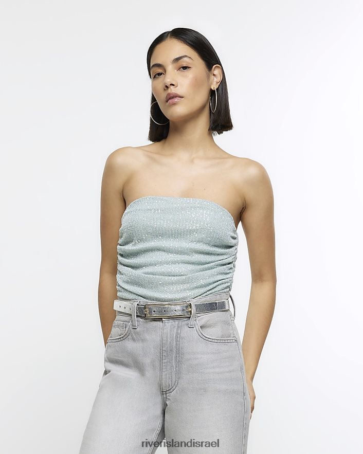 לבוש River Island טופ בנדו נצנצים ירוק נשים BDZ408382