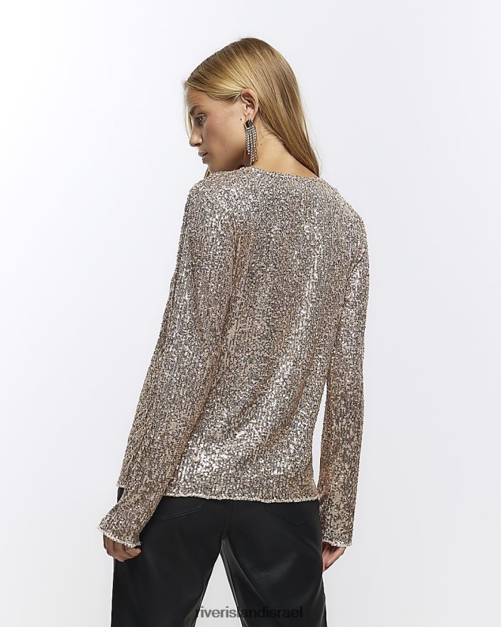 לבוש River Island עליונית עם שרוולים ארוכים עם נצנצים ורוד זהב נשים BDZ4083823