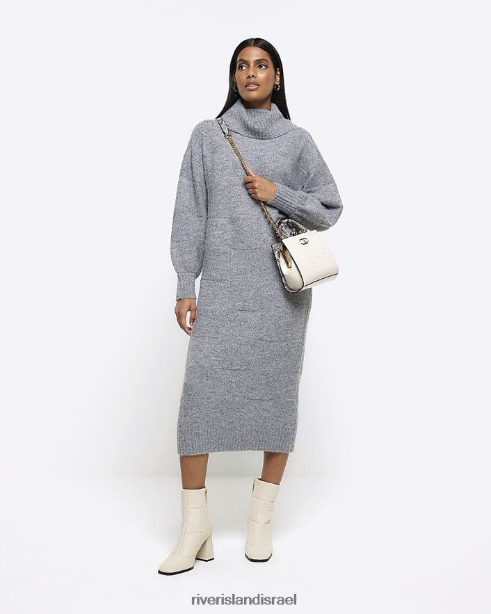 לבוש River Island שמלת מידי מגשרה עם צווארון רול במרקם אפור נשים BDZ4083835