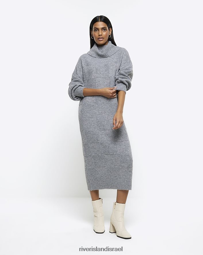 לבוש River Island שמלת מידי מגשרה עם צווארון רול במרקם אפור נשים BDZ4083835