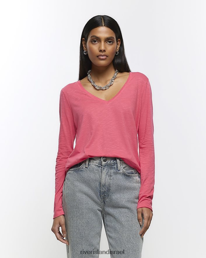 לבוש River Island חולצת טי קלת משקל עם שרוולים ארוכים וָרוֹד נשים BDZ4083838