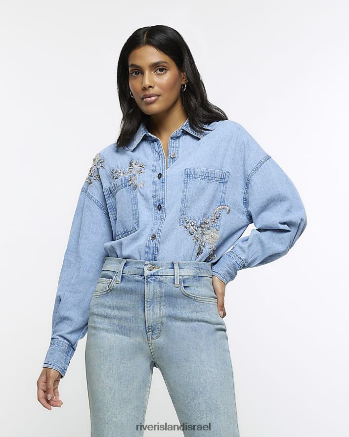 לבוש River Island חולצת ג'ינס מעוטרת כְּחוֹל נשים BDZ4083839