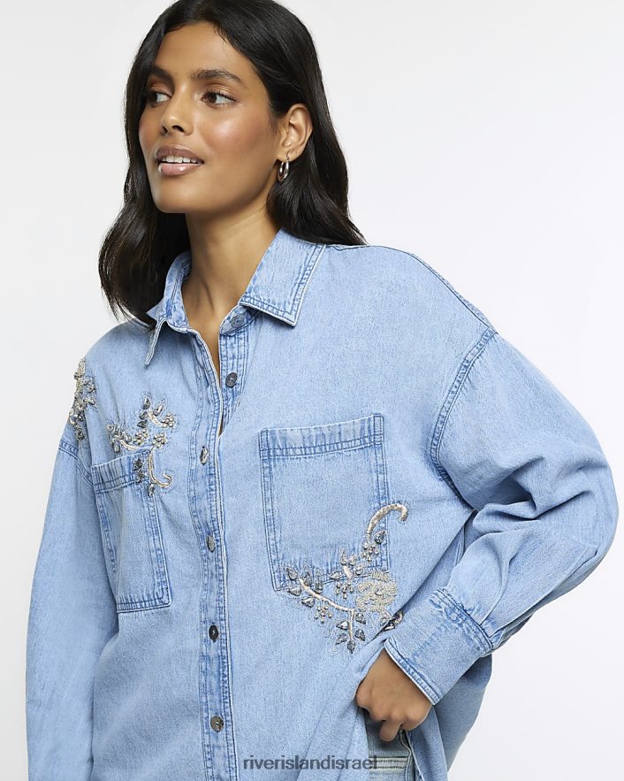 לבוש River Island חולצת ג'ינס מעוטרת כְּחוֹל נשים BDZ4083839
