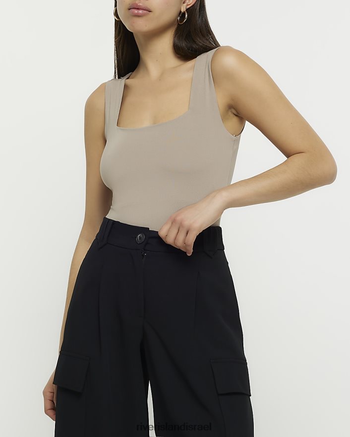 לבוש River Island בגד גוף עם צווארון מרובע חום נשים BDZ408386