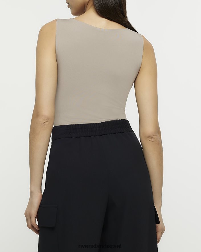 לבוש River Island בגד גוף עם צווארון מרובע חום נשים BDZ408386