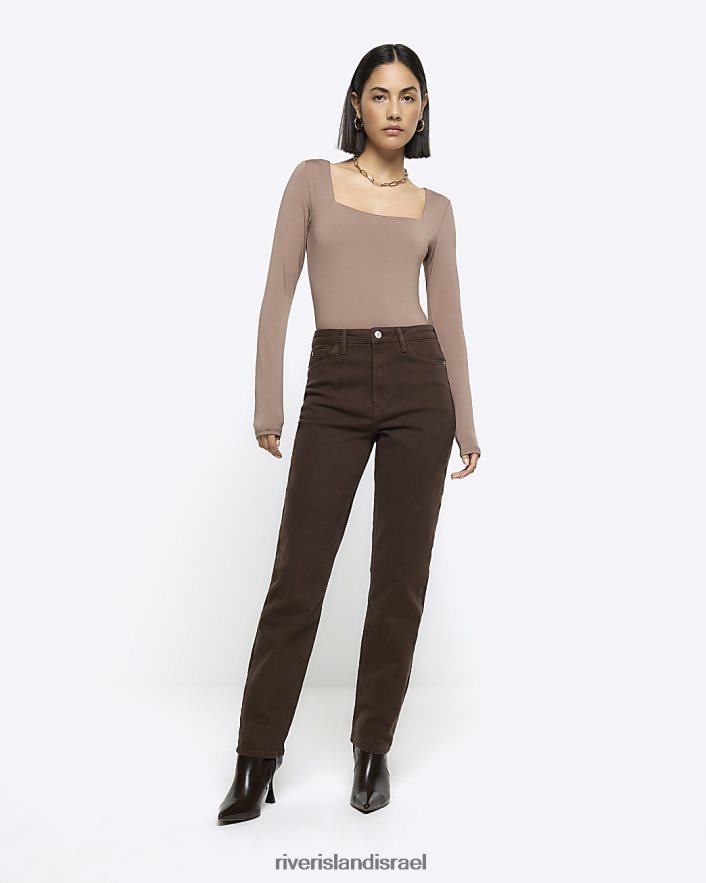 לבוש River Island ג'ינס ישר דק בגזרה גבוהה בז' נשים BDZ4083873