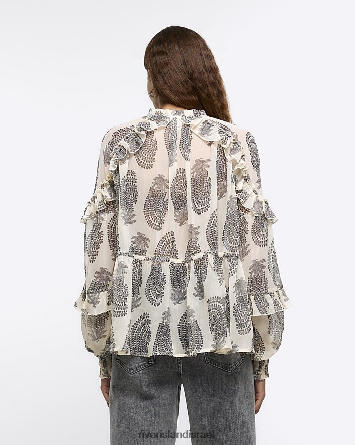 לבוש River Island חולצת סלסול מופשטת בז' נשים BDZ4083881