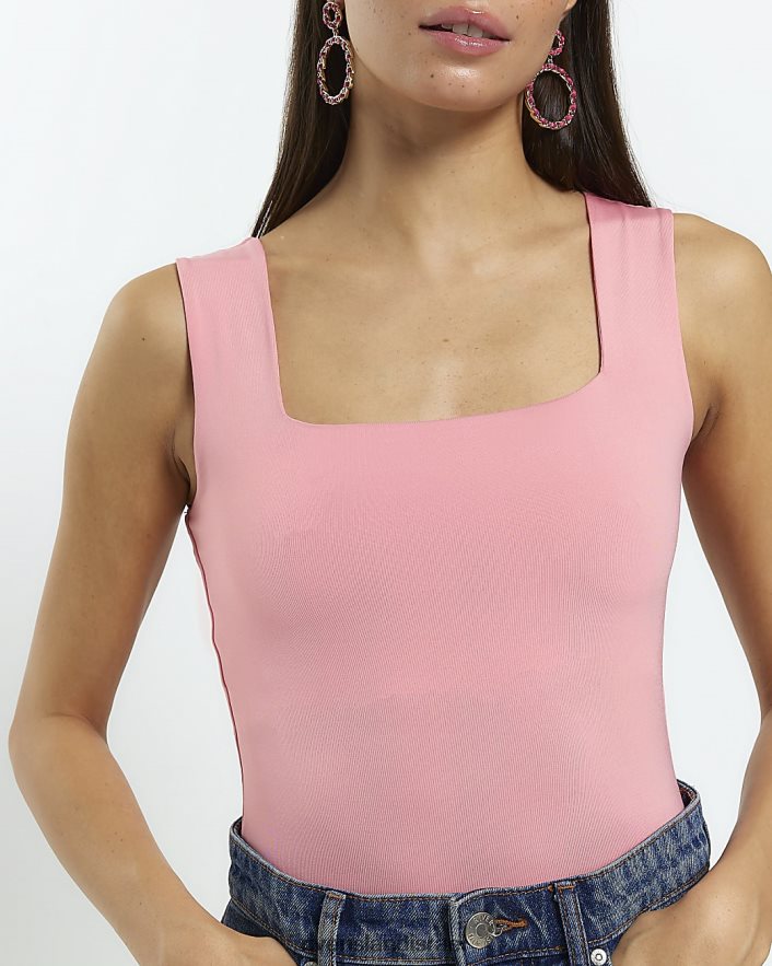 לבוש River Island בגד גוף עם צווארון מרובע וָרוֹד נשים BDZ408388