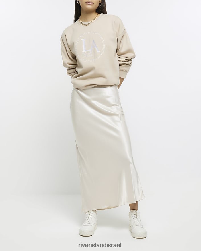 לבוש River Island חצאית מקסי סאטן קרם נשים BDZ40839