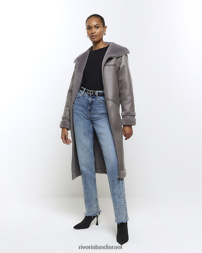 לבוש River Island מעיל ארוך עם חגורת זמש אפור נשים BDZ4083904