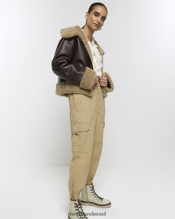 לבוש River Island מכנסי מטען עם אזיקים בז' נשים BDZ4083906