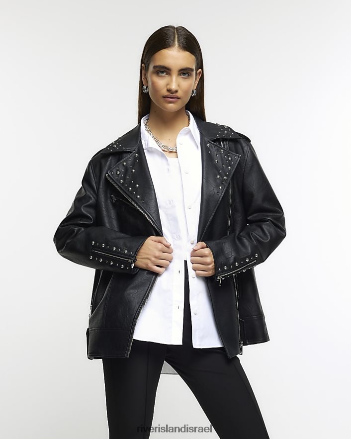 לבוש River Island מעיל אופנוענים אוברסייז משובץ שָׁחוֹר נשים BDZ4083937